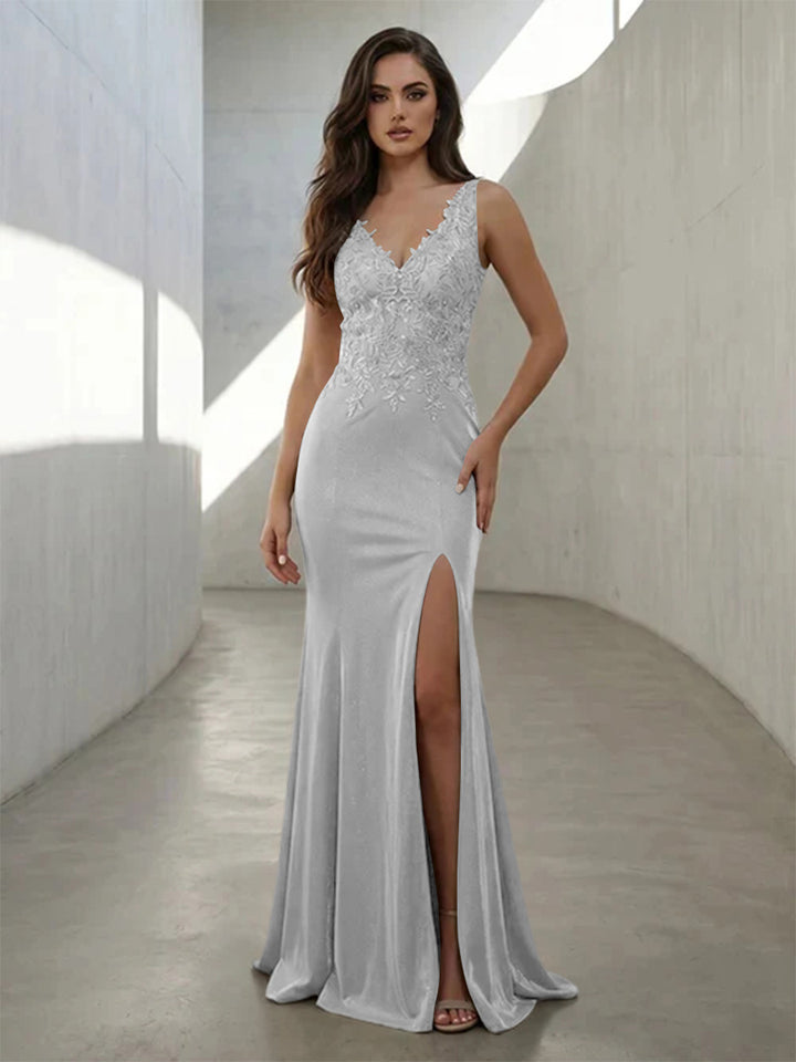 Metallic Satin Mermaid V Neck Lace Appliques Corset Formal Dresses with Slit