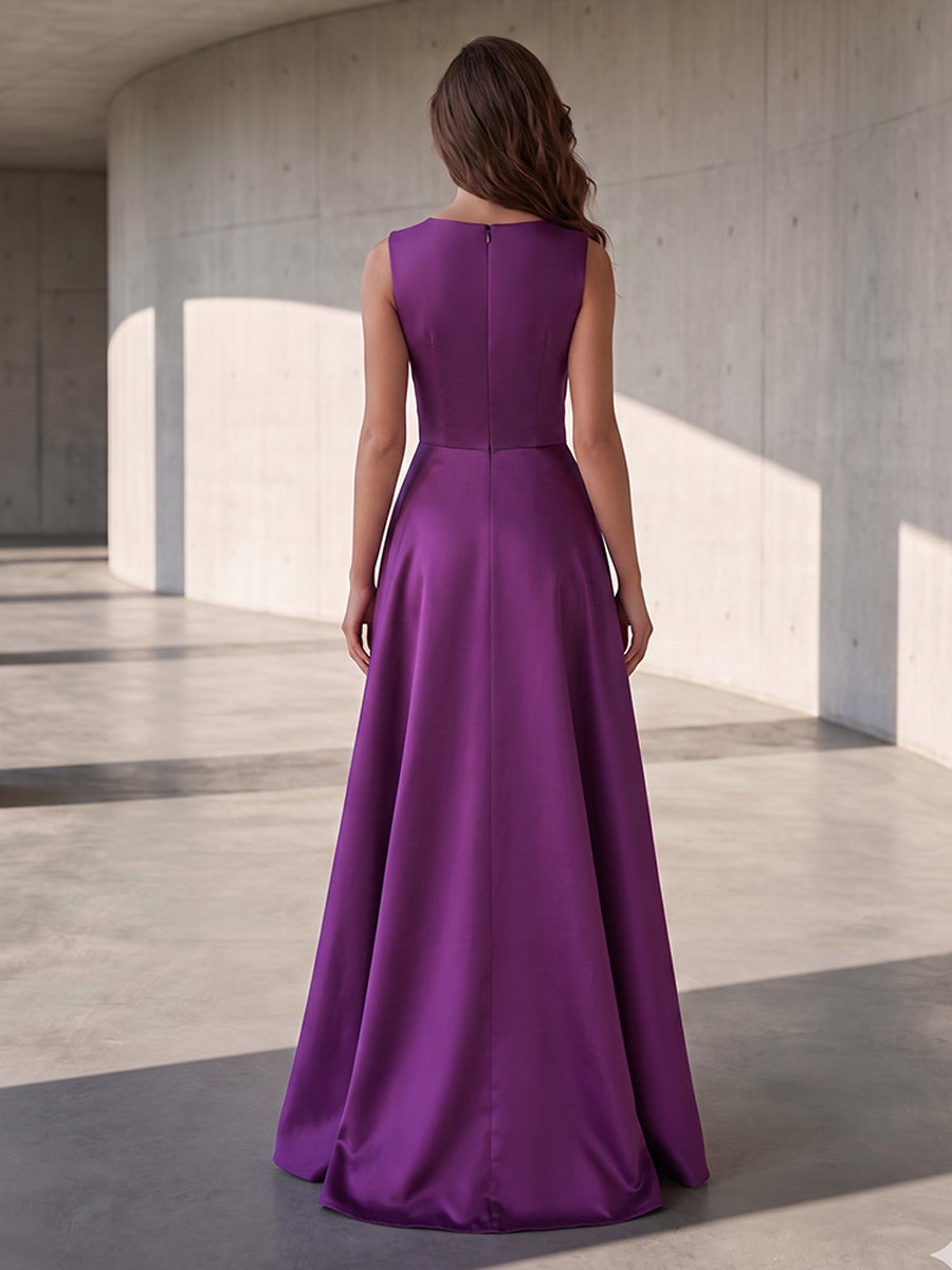 Satin A Line Scoop Neck Ruched High Waist Formal Dresses with Bow