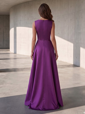 Satin A Line Scoop Neck Ruched High Waist Formal Dresses with Bow