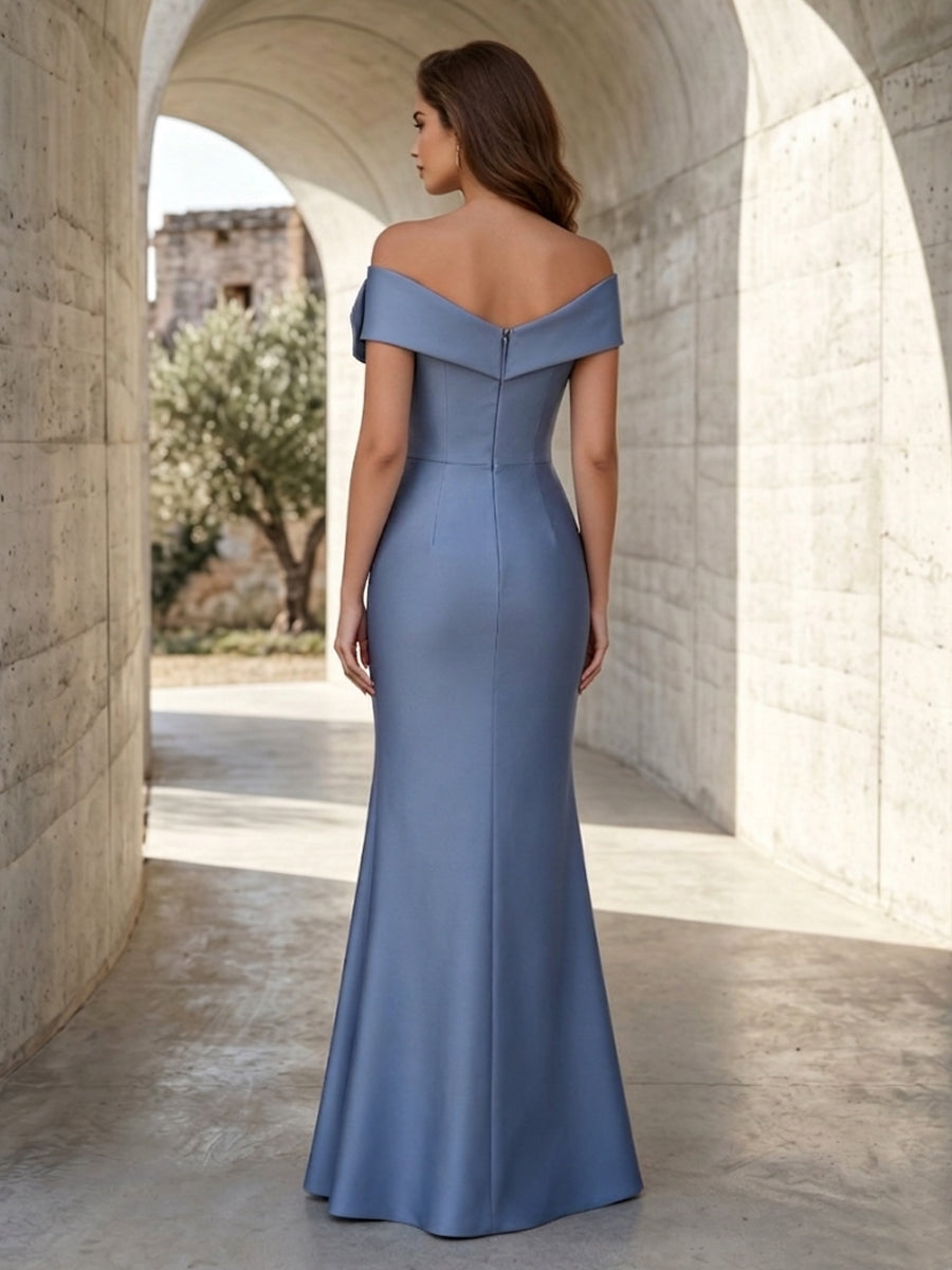Satin Mermaid Off the Shoulder Ruched Corset Formal Dresses with Slit