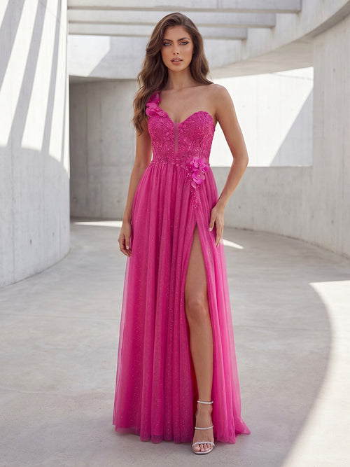 Tulle Mermaid One Shoulder Lace Appliques Ruched Formal Dresses with Slit