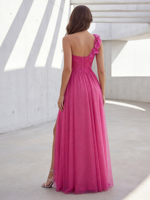 Tulle Mermaid One Shoulder Lace Appliques Ruched Formal Dresses with Slit