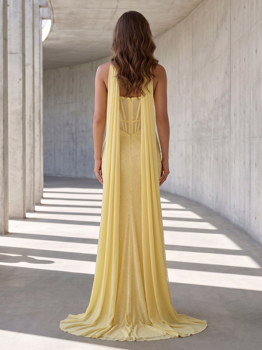 Chiffon Mermaid Sweetheart Ruched Front Slit Formal Dresses with Scarf