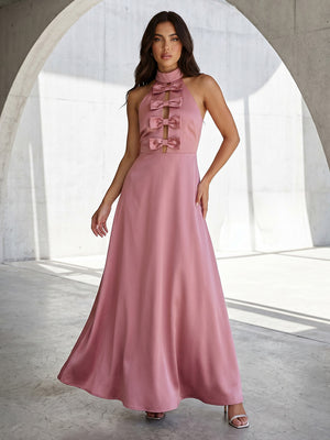 Satin A Line High Neck Ruched Cut Out Formal Dresses with Bow