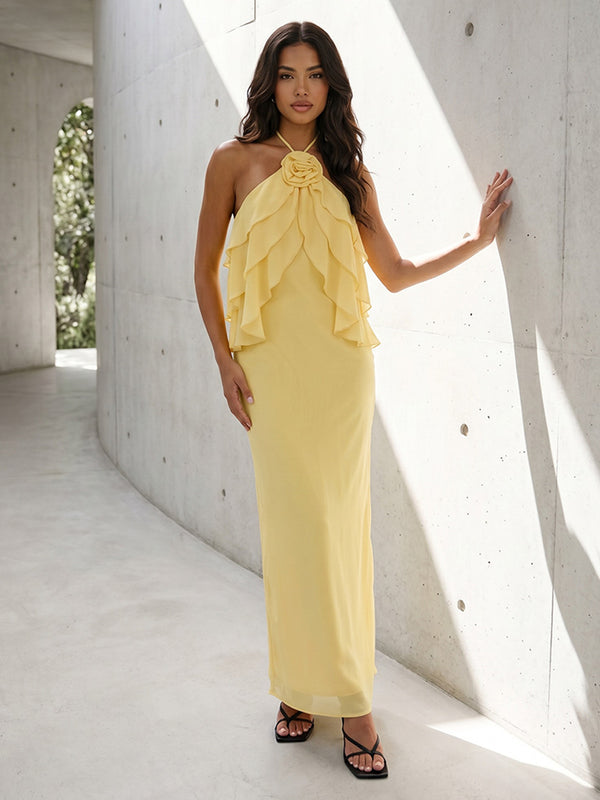 Chiffon Mermaid Halter Ruffles 3D Flowers Formal Dresses