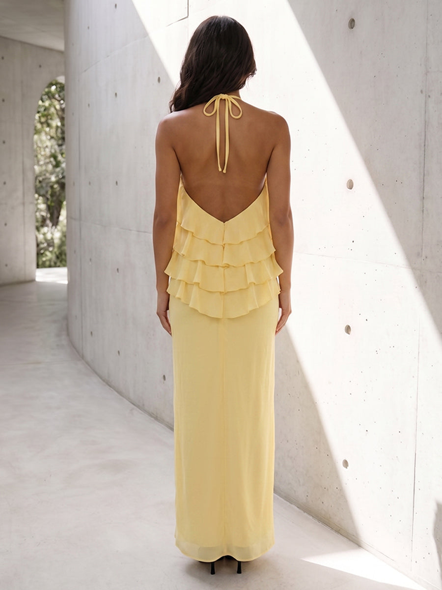 Chiffon Mermaid Halter Ruffles 3D Flowers Formal Dresses