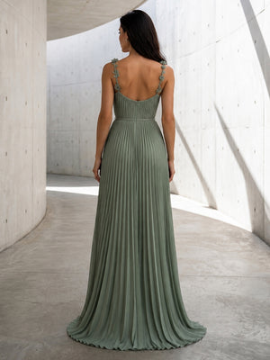 Chiffon A Line Square Neck Pleats High Waist Formal Dresses with 3D Flowers