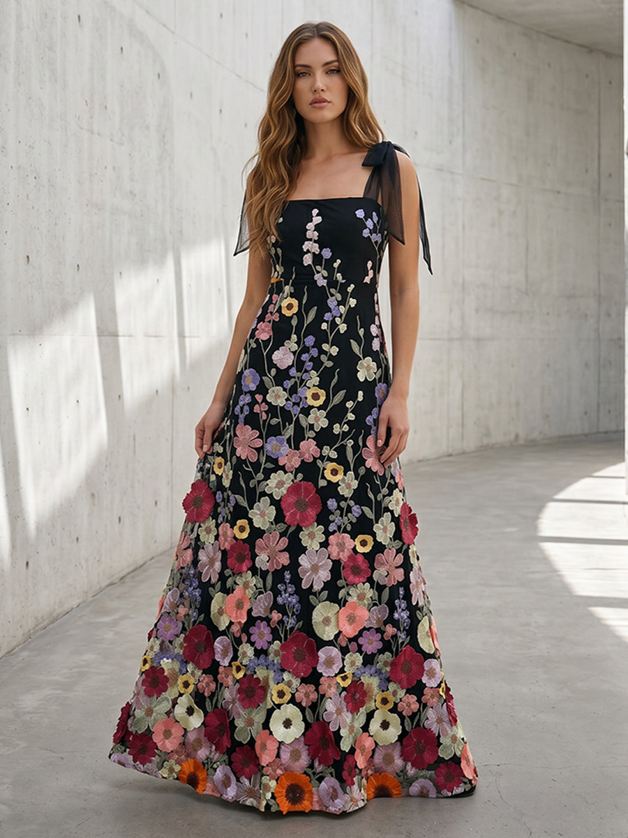 Tulle A Line Square Neck 3D Flowers Ruffles Formal Dresses