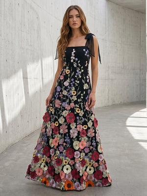Tulle A Line Square Neck 3D Flowers Ruffles Formal Dresses