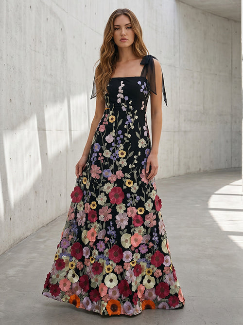 Tulle A Line Square Neck 3D Flowers Ruffles Formal Dresses