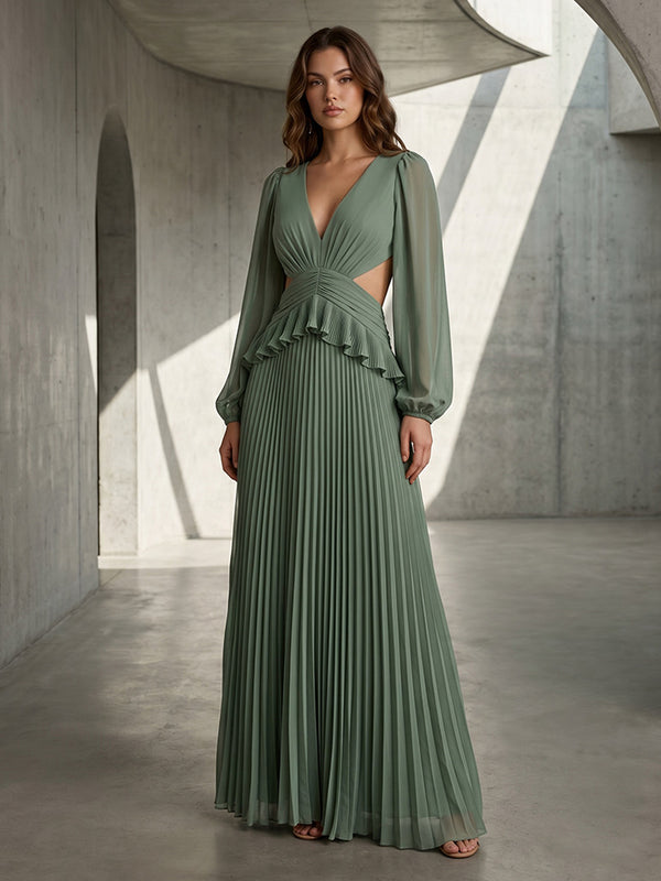 Chiffon A Line V Neck Pleats Cut Out Formal Dresses