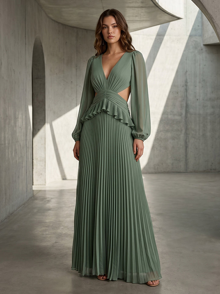 Chiffon A Line V Neck Pleats Cut Out Formal Dresses
