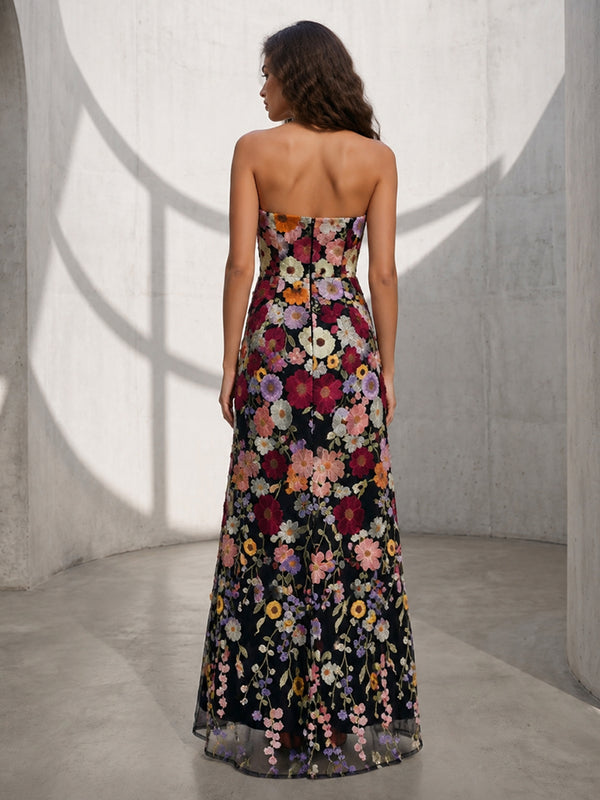 Tulle A Line Strapless Simple 3D Flowers Formal Dresses