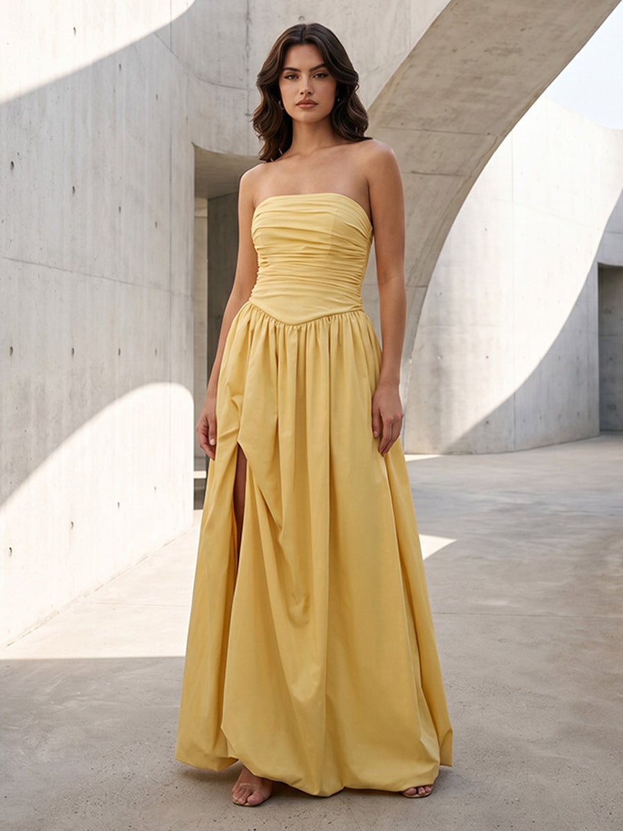 Satin A Line Strapless Ruched Corset Formal Dresses with Slit