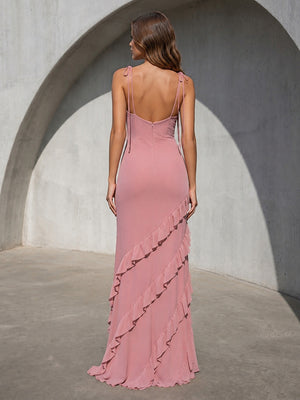 Chiffon Mermaid Sweetheart Ruffles Spaghetti Straps Formal Dresses