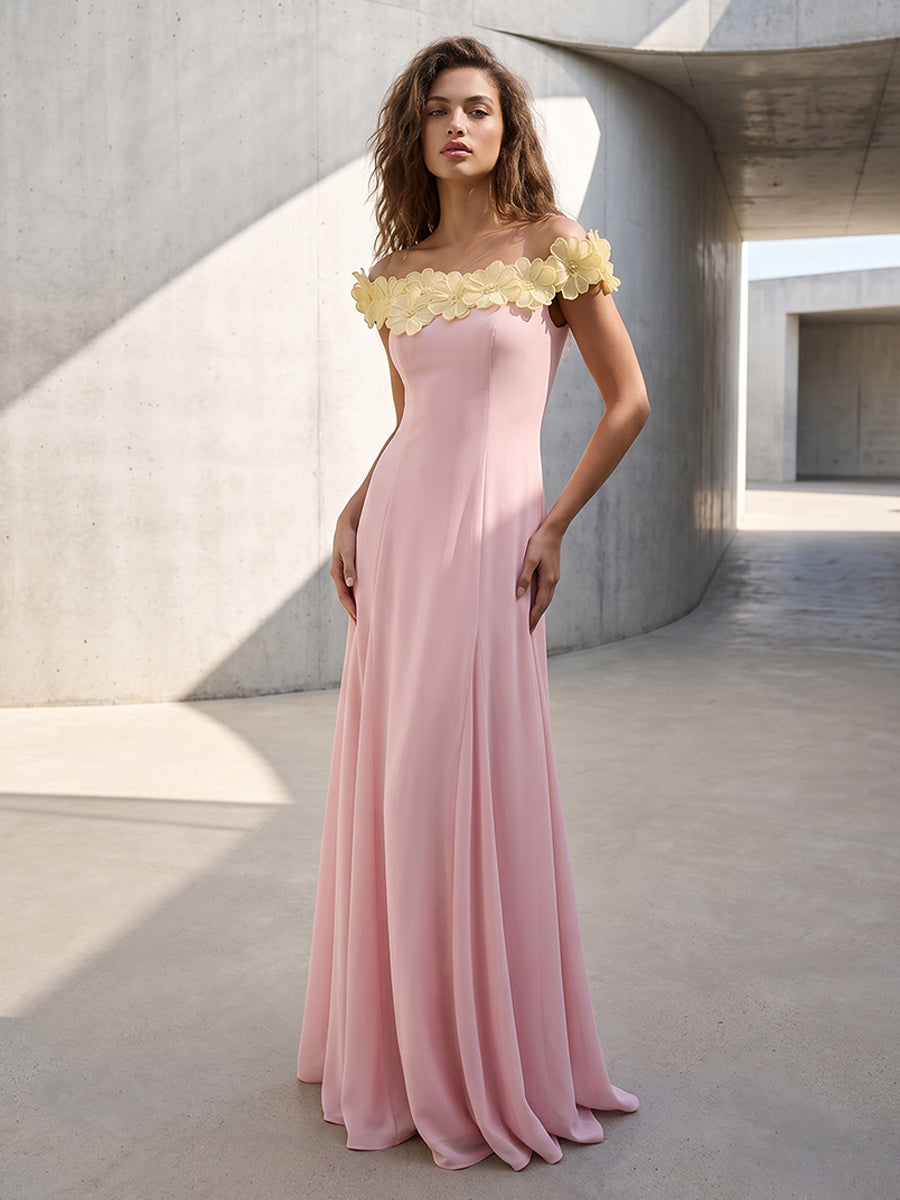 Chiffon Mermaid Off the Shoulder 3D Flowers Ruched Formal Dresses