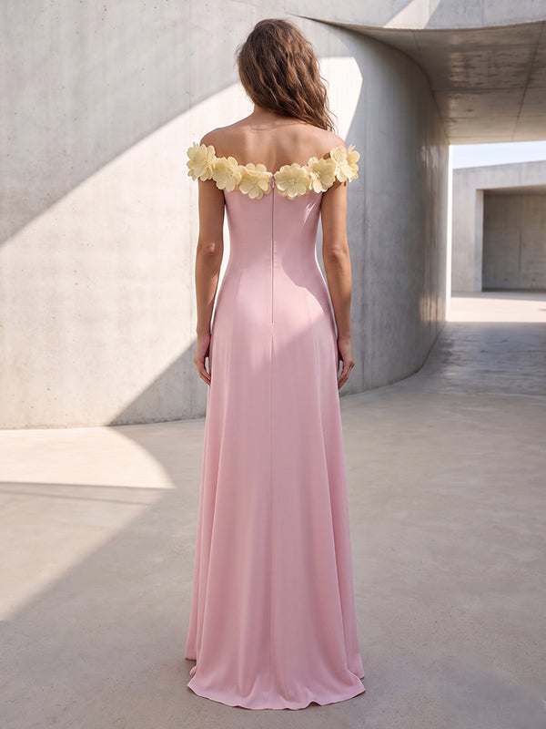 Chiffon Mermaid Off the Shoulder 3D Flowers Ruched Formal Dresses