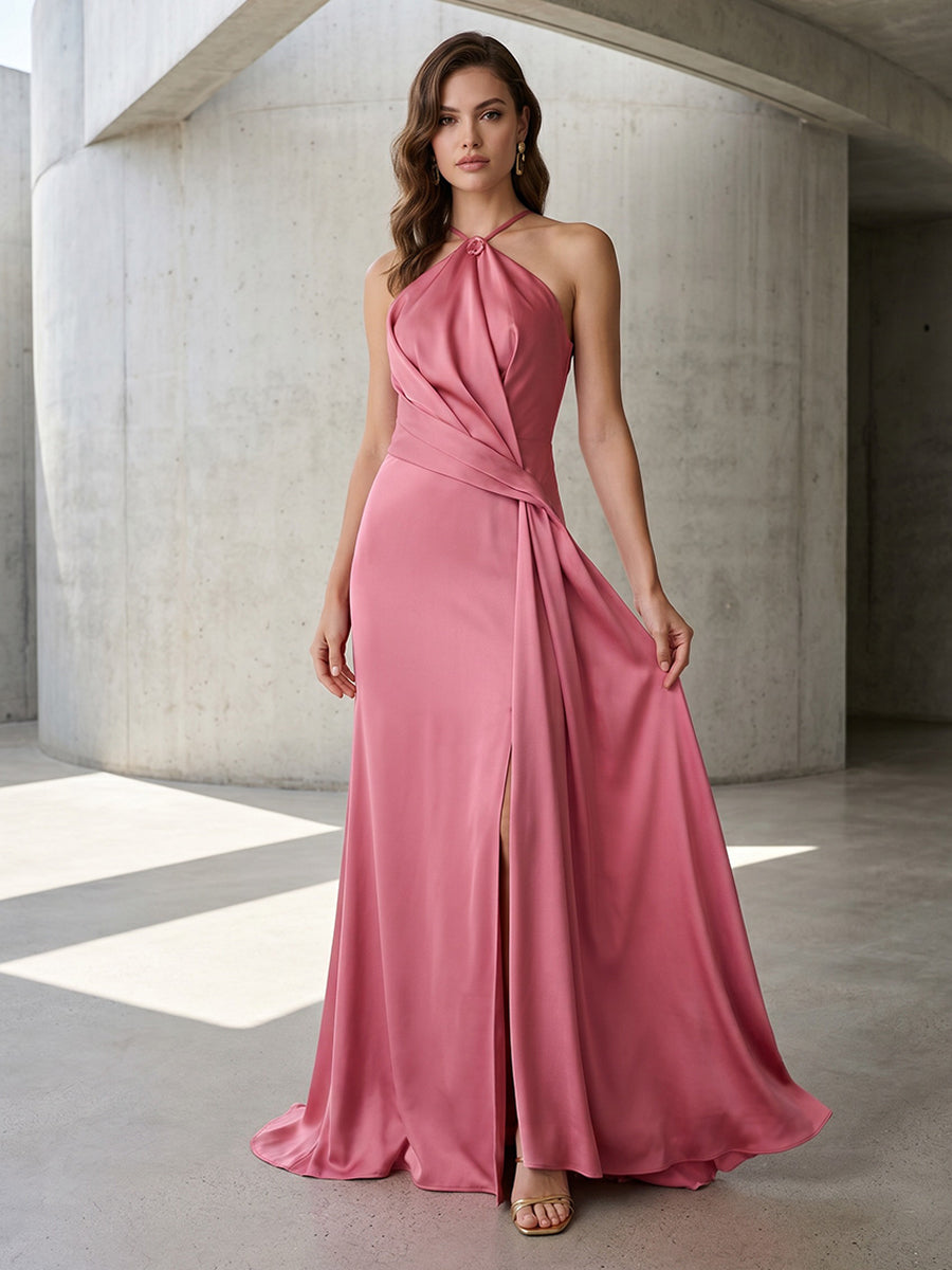 Satin A Line Halter Ruched Corset Formal Dresses with Slit