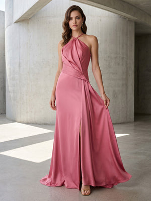 Satin A Line Halter Ruched Corset Formal Dresses with Slit