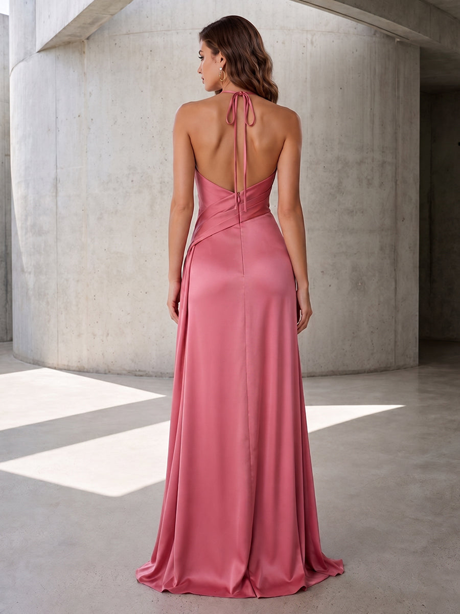 Satin A Line Halter Ruched Corset Formal Dresses with Slit