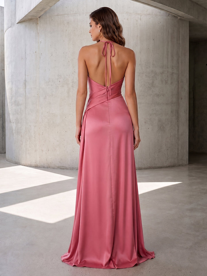 Satin A Line Halter Ruched Corset Formal Dresses with Slit