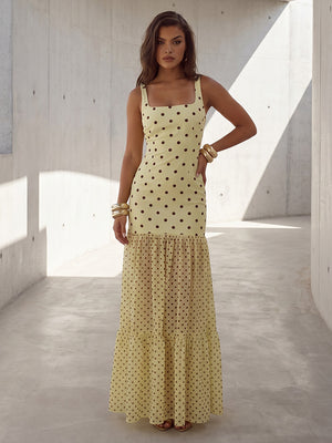 Satin A Line Square Neck Ruched Polka Dot Formal Dresses