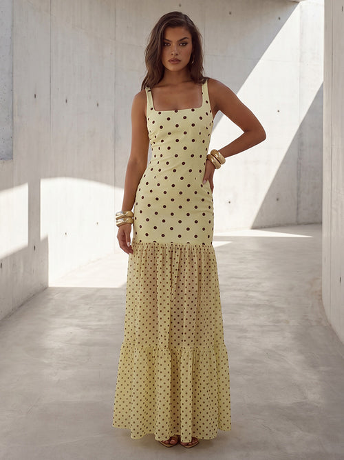 Satin A Line Square Neck Ruched Polka Dot Formal Dresses