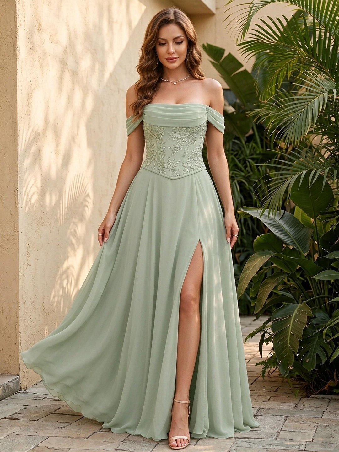 Chiffon A Line Off the Shoulder Lace Appliques Ruched Formal Dresses with Slit