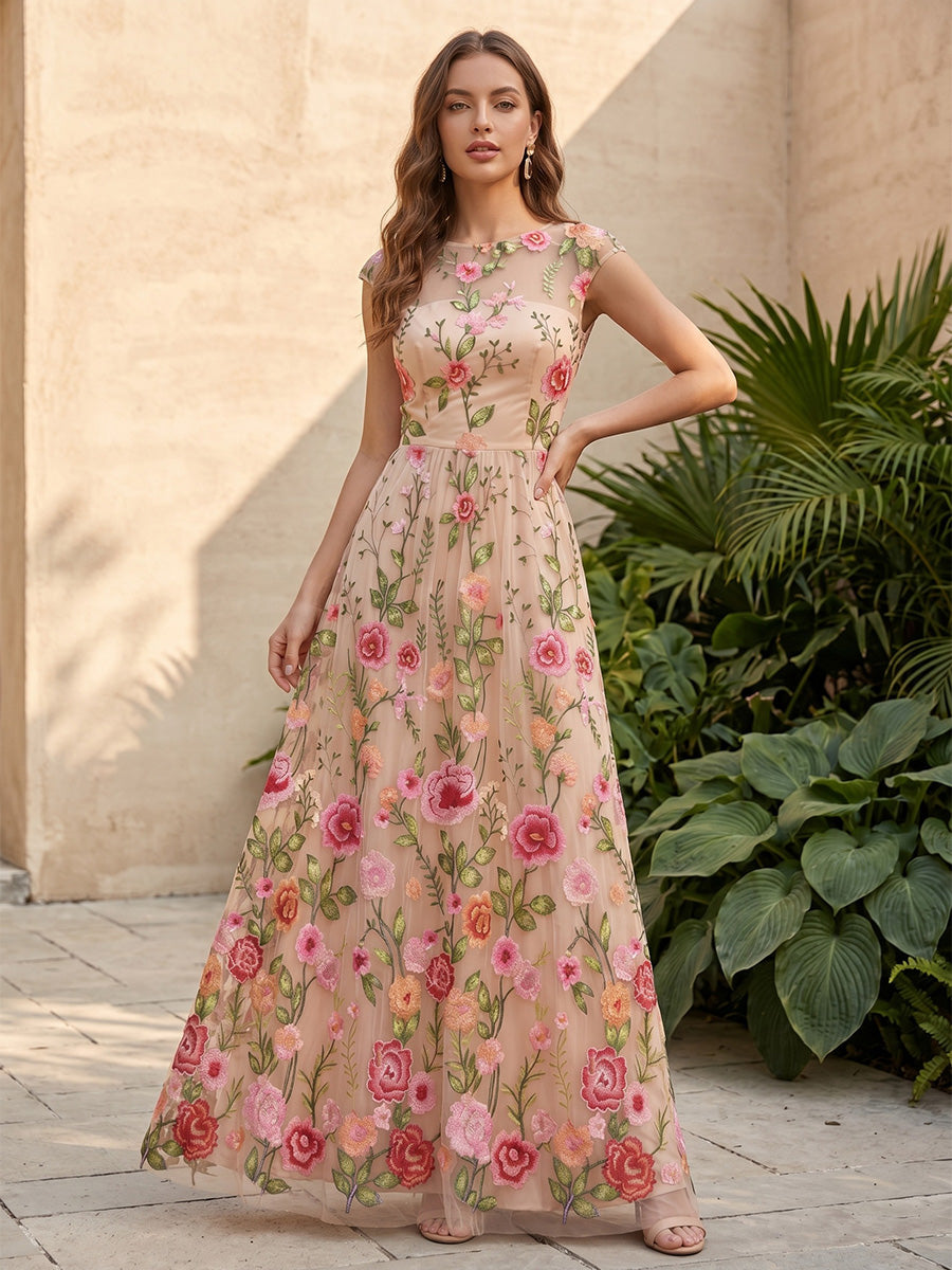 Tulle A Line Scoop Neck Floral Embroidery Ruched Formal Dresses