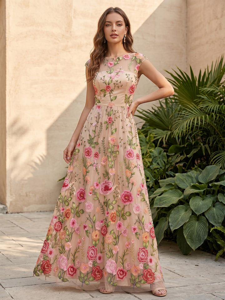 Tulle A Line Scoop Neck Floral Embroidery Ruched Formal Dresses