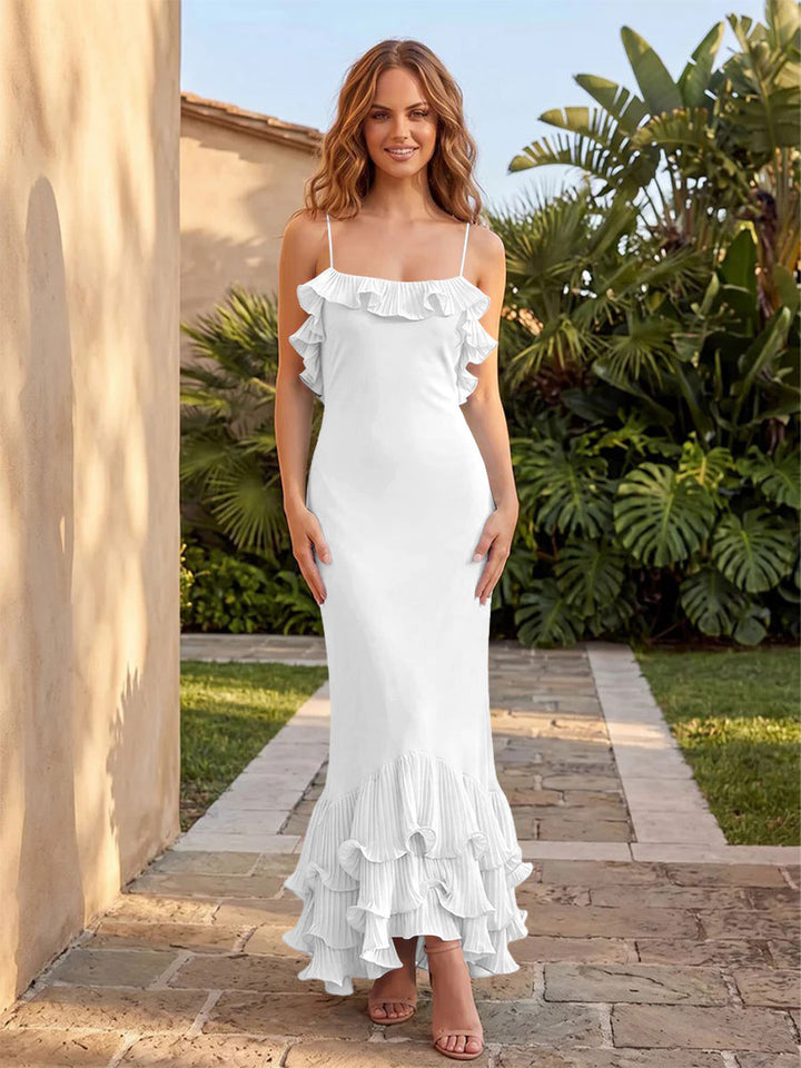 Stretch Mesh Mermaid Square Neck Ruffles Spaghetti Straps Formal Dresses