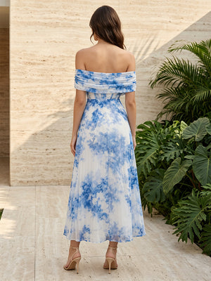 Chiffon A Line Off the Shoulder Floral Print Ruched Formal Dresses with Slit