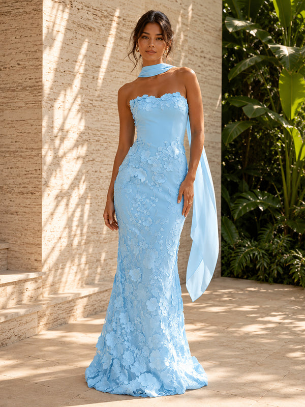 Tulle Mermaid Sweetheart 3D Flowers Corset Formal Dresses with Scarf