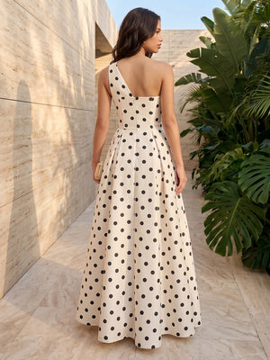 Satin A Line One Shoulder Ruched Polka Dot Formal Dresses