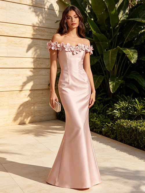 Satin Mermaid Off the Shoulder 3D Flowers Corset Formal Dresses