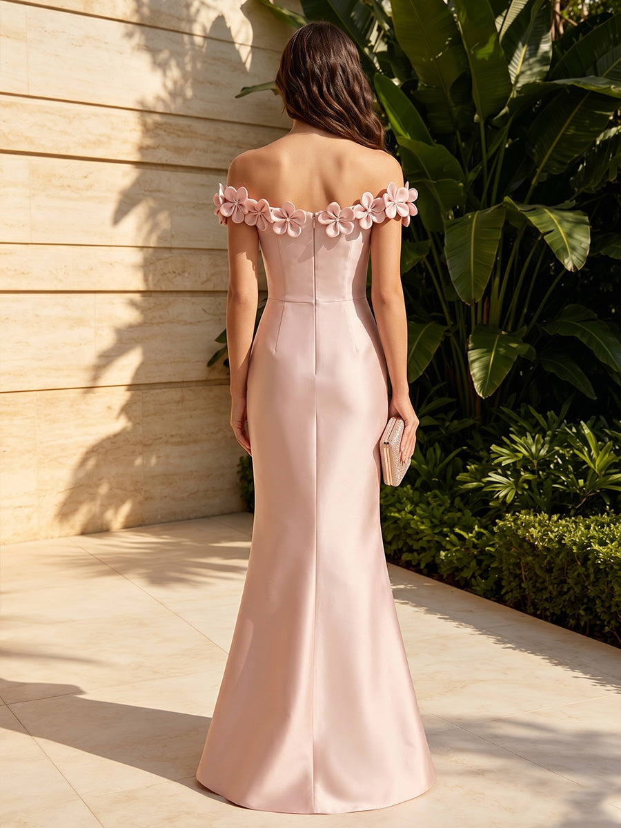 Satin Mermaid Off the Shoulder 3D Flowers Corset Formal Dresses
