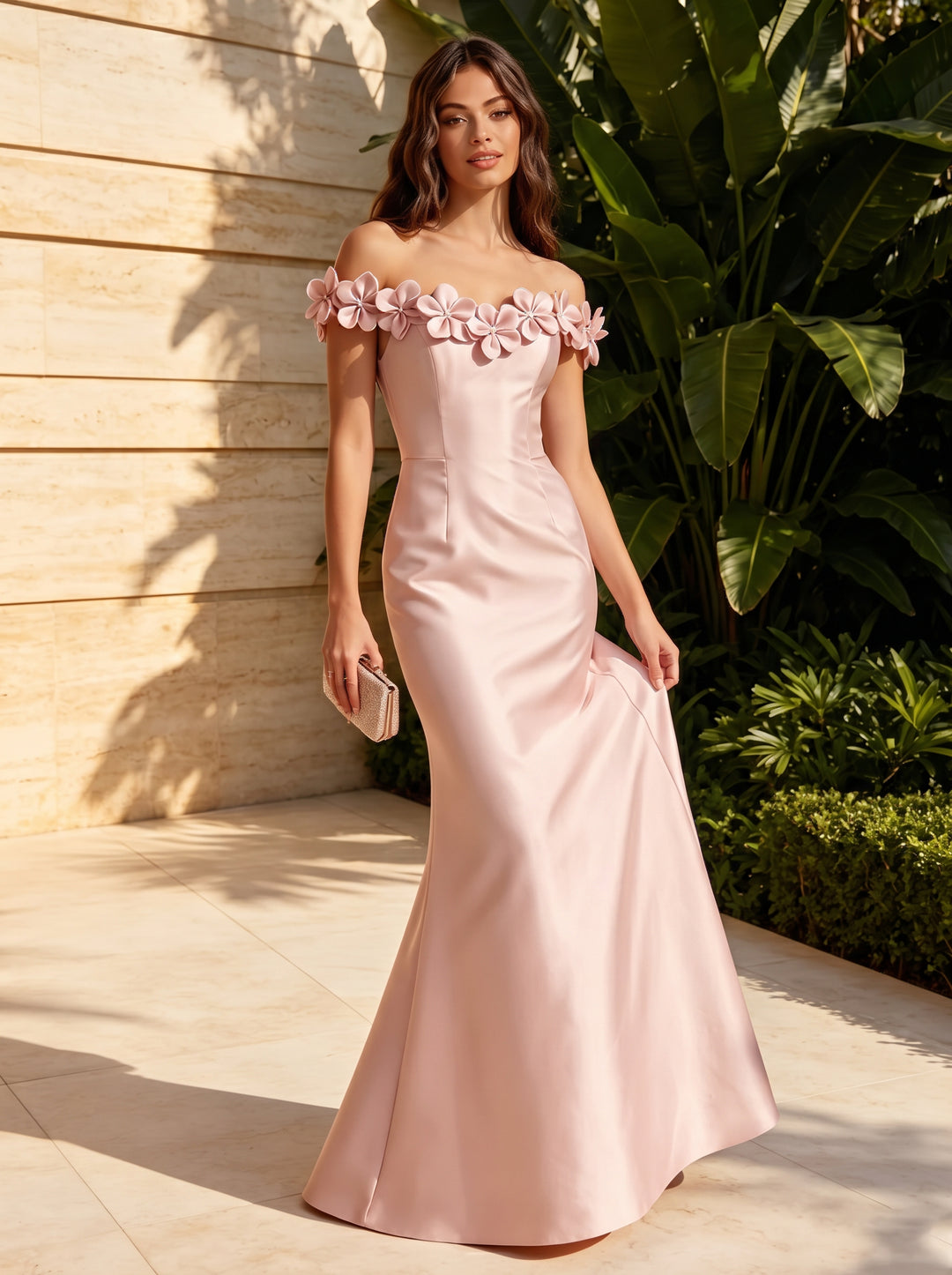 Satin Mermaid Off the Shoulder 3D Flowers Formal Dresses