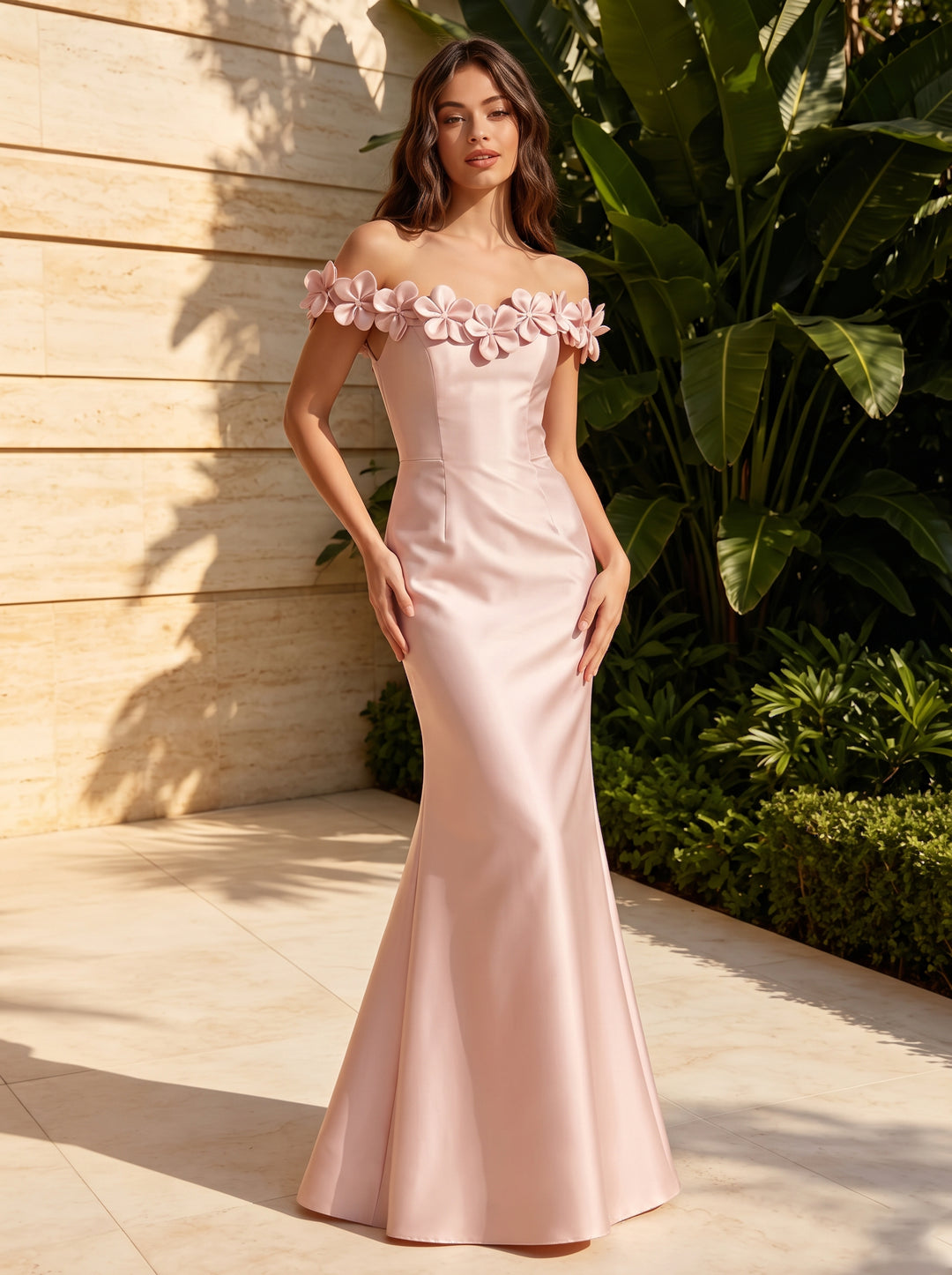 Satin Mermaid Off the Shoulder 3D Flowers Formal Dresses