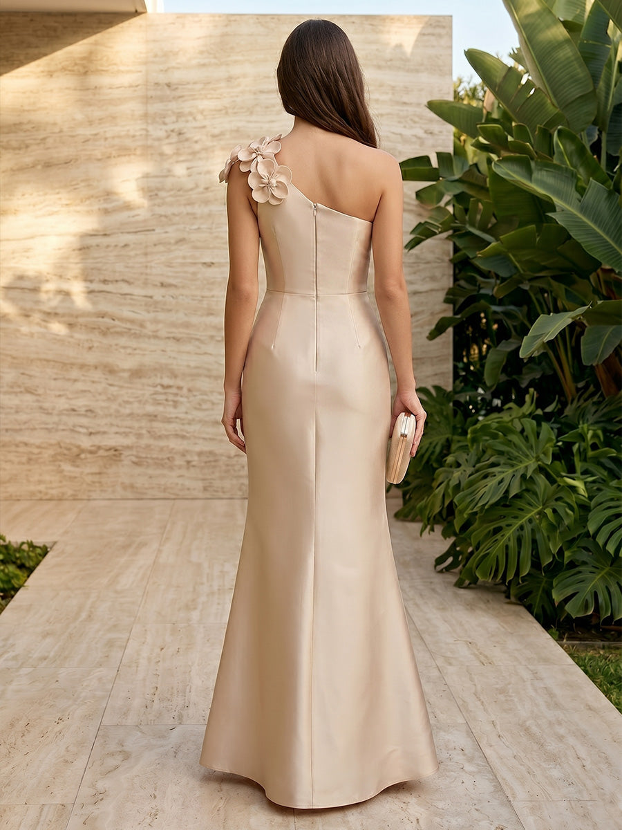 Satin Mermaid One Shoulder Corset 3D Flowers Formal Dresses for Women
