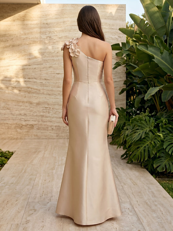 Satin Mermaid One Shoulder Corset 3D Flowers Formal Dresses for Women