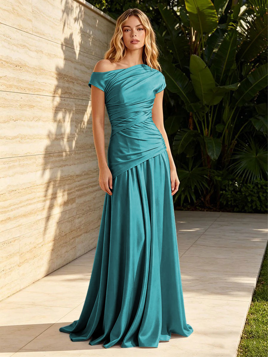 Satin Mermaid Off the Shoulder Pleats Ruched Formal Dresses for Women