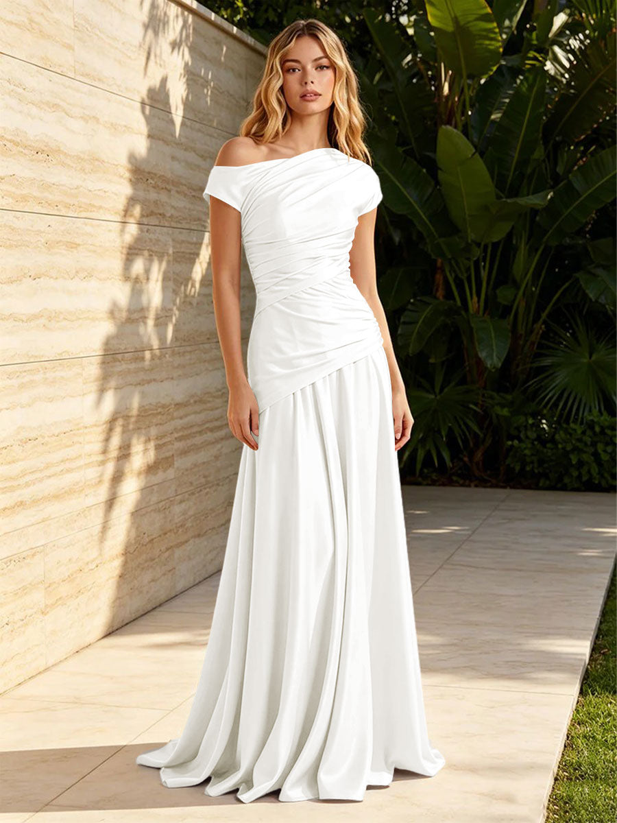 Satin Mermaid Off the Shoulder Pleats Ruched Formal Dresses for Women