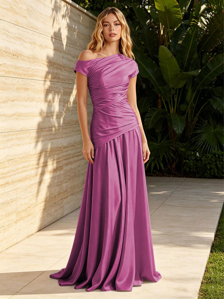 Satin Mermaid Off the Shoulder Pleats Ruched Formal Dresses for Women