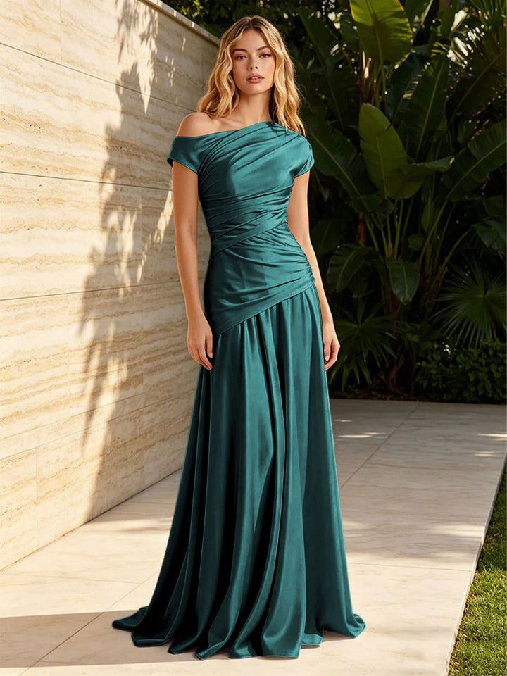 Satin Mermaid Off the Shoulder Pleats Ruched Formal Dresses for Women