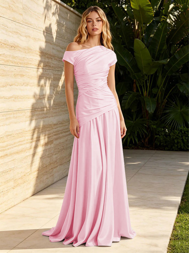 Satin Mermaid Off the Shoulder Pleats Ruched Formal Dresses for Women