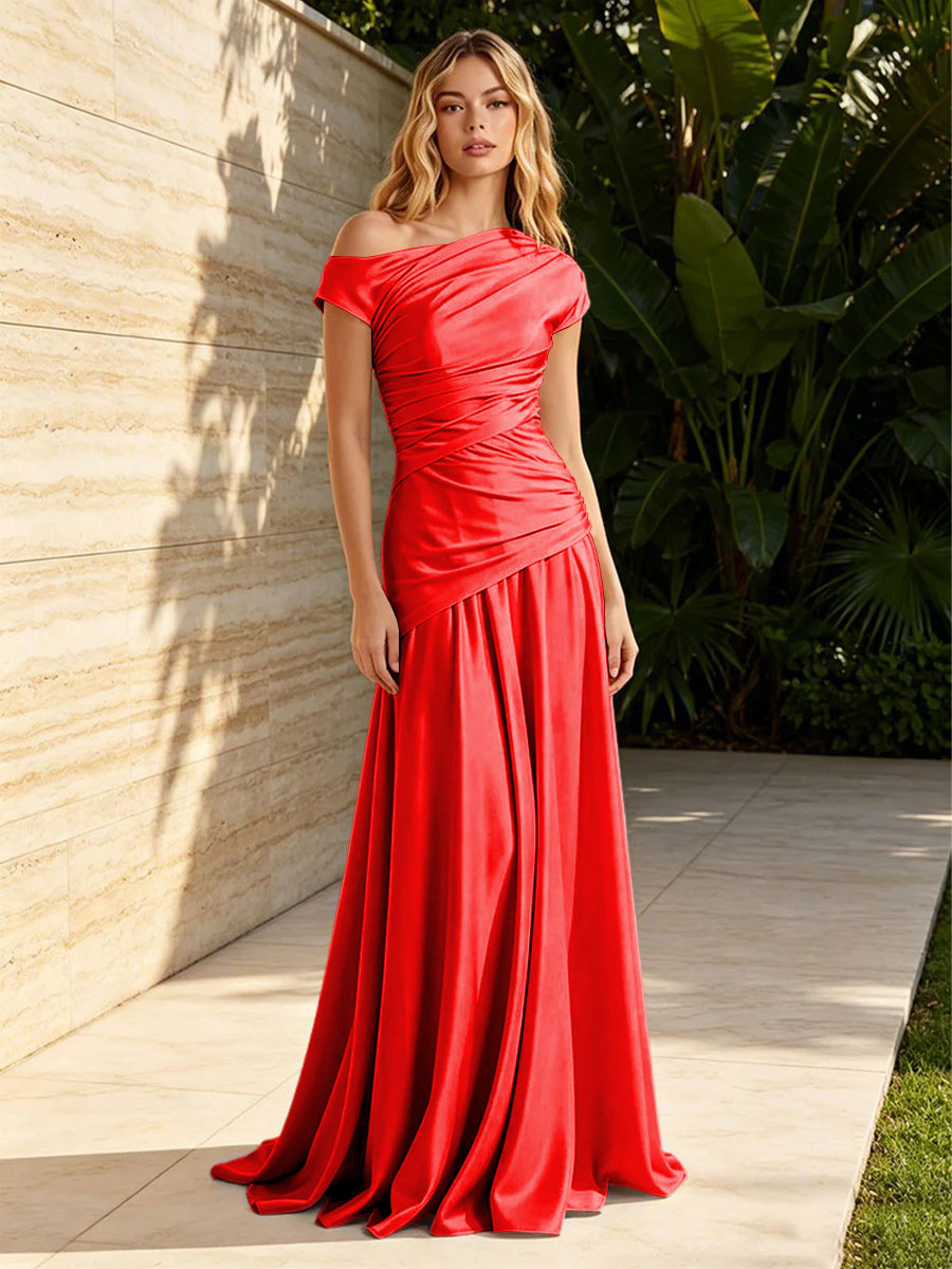 Satin Mermaid Off the Shoulder Pleats Ruched Formal Dresses for Women