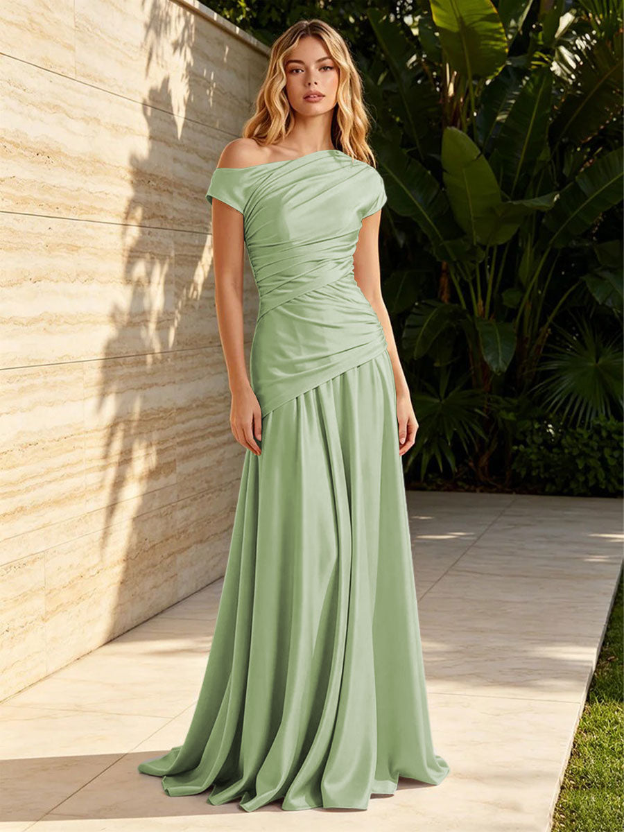 Satin Mermaid Off the Shoulder Pleats Ruched Formal Dresses for Women