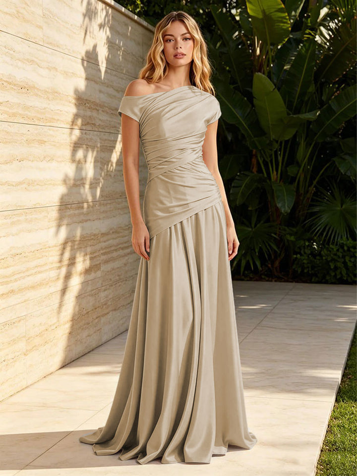 Satin Mermaid Off the Shoulder Pleats Ruched Formal Dresses for Women