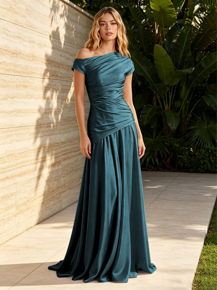 Satin Mermaid Off the Shoulder Pleats Ruched Formal Dresses for Women