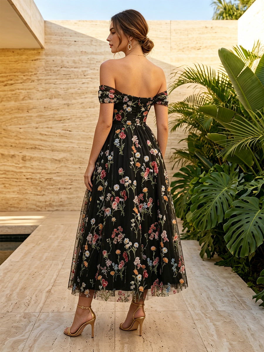 Tulle A Line Off the Shoulder Floral Embroidery Ruched Formal Dresses for Women